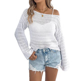 Early Autumn Collar Hollow Long-Sleeved Knitted Shirt Casual Loose Coat Women's