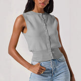 Fongt New Knitted Top Women's Sexy Sleeveless Outer Button Vest Vest