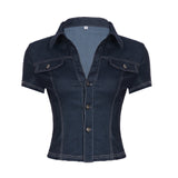 Fongt Style Personality Hottie Work Clothes Imitation Denim Shirt V-Word Collar Three Buckle Cardigan Casual Top