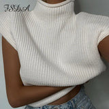 Turtleneck Sleeveless Vest Sweater Women 2020 With Shoulder Pads Knitted Pullover Autumn Winter Jumper Casual Tops