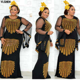 African Dresses For Women Dashiki Mesh Ruffle Sleeve Robe African Dress Africa Clothes Super Elastic Diamonds Party Maxi