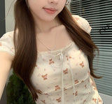 Lace Trim Square Collar Bow Short Sleeve Tee-Outfit