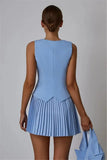 Solid V-neck Vest And Pleated Mini Skirt Set-Outfit