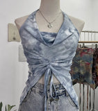 Real Shooting Holiday Wind Hanging Neck Collar Collar Tidling Strap Sling Vest Tie Mesh Yarn Short Sleeveless Top