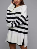 Fongt Autumn And Winter Women's Clothing Jacket Loose Round Collar Bump Color Knitted Striped Sweater Woman