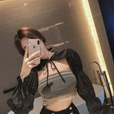 Fongt Summer New Short Black Bow Long-Sleeved Sun Shawl Women Design Bubble Sleeve
