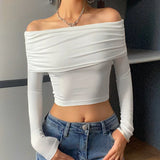 White Long Sleeve Off Shoulder Y2K Top-Outfit