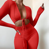 Fongt Summer Women's Sexy Umbilly Tying With Hollow Long Sleeves Of Sleeves
