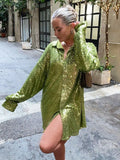 Blouses Long Sleeve Top Sequin Shirts Women Y2K Solid Shirt Autumn Winter 2023 Chic Streetwear Green V Neck