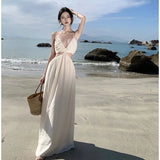 Fongt Holiday Style Hanging Neck Tie With Open Back Sexy Halter Dress Hollow Out High Waist Temperament Long Skirt Summer-Outfit