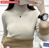 Warm Sweater Pullover Women Slim Thicken Plush Velvet Lined Knitwear Jumper Korean Half Turtleneck Poleras Soft Knit
