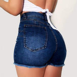 High Waist Elastic Slim Hole Tassel Denim Shorts Woman-Outfit