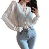 Girls Hollow Straps In Long-Sleeved Cardigan Women Autumn New Korean Version Of The Micro-Permeable Sunscreen Cover Shirt