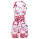 / Summer 2024 Women's New Personalized Retro Print Zipper Design Sleeveless Tight Jumpsuit-Outfit