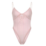 Fongt Girl Hollow Out Splicing Lace Onesie New V Collar Slim Show Thin Bow Knot Vest-Outfit