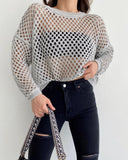 Fongt Spring And Summer New Knitted Shirt Horn Sleeve Loose Round Collar Hollow Sweater Woman