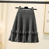 Knit Solid Elastic High Waist Ruffles Pleated Midi Skirt-Outfit