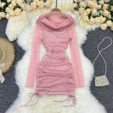 Spring Autumn Sexy One-Word Collar Long Sleeve Drawstring Pleated Dress Female Flash Mesh Slim Wrap Buttock Skirt-Outfit
