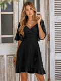 Fongt 2024 New Women's V-Collar Solid Color Waist Flounce Summer Dress Women-Outfit