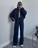 Fongt 20232 New Solid Color Zip Loose Hoodie Casual Versatile Trouser Suit-Outfit