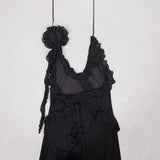 Black Mesh Fringe Ruffle Open Back Midi Dress-Outfit
