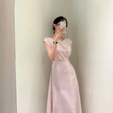 Chic Retro Elegant Lady Temperament Simple Pleated High Waist Belt Closed Waist Show Thin Dress-Outfit