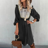 Vintage Printed Women's Dress 2021 Spring Long Sleeve Ruffles Sundress Casual Patchwork Lace-up Bohemian Party