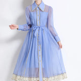 Fongt Light Luxury Tidive Lace Splicing Single-Ditch Lantern Sleeve Dress Female Waist Temperament Elegant Dress
