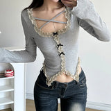 Square Collar Cross-Band Design Features Lace Stitching Pure Style Long-Sleeved T-Shirt 2023 Style-Outfit