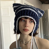 Fongt New Knitted Hat Fox Ear Devil Horn Striped Wool Hat Female-Outfit