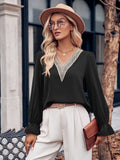 Fongt Autumn And Winter 2024 New Women's Casual Solid Color V-Neck Lace Lotus Leaf Sleeve Loose Jacket-Outfit