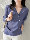 Chiffon Women's Blouse Stripe Summer V-neck Shirt Fashion Casual Long Sleeve Top Loose Button