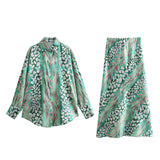 Spring Style Silk Satin Loose Shirt Printed Flute Skirt Set-Outfit