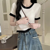 Fongt Clamming Color Splicing T-Shirts For Women's New Summer Fashion Slimming Thin-Sleeved Ice Silk Short-Sleeved Top