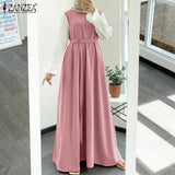 Women Muslim Abaya Maxi Dress Casual Solid Patchwork Long Sleeve Belted Vestidos Kaftan Clothing Vintage Sundress