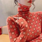 Lady Turtleneck Pullovers Autumn Winter Female Elegant Thick Slim Stylish Letter Printed All-match Long Sleeve T-shirt-Outfit