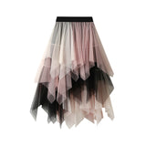 Fongt And Autumn New Color Mesh Yarn Multi-Layer Irregular Tight Waist Medium Skirt Half Skirt #8063