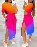 Fongt Round Neck Short Sleeve Slit A-Line Dress Tie Print Women's