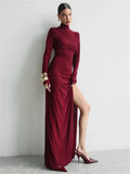 Turtleneck Long Sleeve Draped Slit Maxi Dress-Outfit
