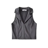 Trendy Women's Vest Fashion Temperament Solid Color Collar Sleeveless Lapel Retro Elastic Spicy Girl Navel Blouse-Outfit