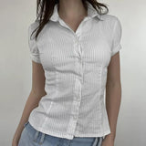 Fongt Style Short Sleeve Striped Base Shirt POLO Collar Slim Slim Single Breasted Joker Top-Outfit
