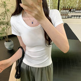 Elastic Skin-Friendly Threaded Straight Shoulder Low Round Collar Short-Sleeved T-Shirt New Summer Slim Blouse With Thin