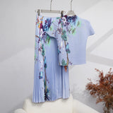 Fongt Fashion Set Women's Summer French High-Grade Folding Print Short-Sleeved Top + Loose A Word 100-Fold Long Skirt