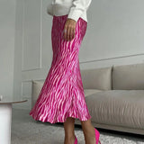 Pink Printed Satin Midi Straight Skirt-Outfit