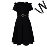 Fongt Women's Short-Sleeved Doll Collar Solid Color Short-Sleeved Lotus Leaf Side High-Waisted Dress
