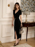 Fongt Multi-Clause Dress Knitted Solid-Colored Short-Sleeved Retro Elegant Knitted-Up-Buttoned Dress