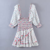 Romantic Printing Heavy Industry Laminated Lotus Leaf Pleated Bubble Sleeve Dress In Spring-Outfit