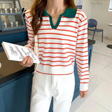 Long Sleeve striped polo collar Sweater Female Elegant Spring Autumn Casual Tops Korean Style thin Knitted Chic