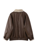 Women's Fur Leather Jacket Long Sleeved Loose Warm Lamb Wool Vintage Thickened Locomotive Lapel Female PU Motorcycle