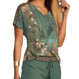 Fongt Summer Women's Casual Fashion Print Comfortable V-Neck Top Shorts Two-Piece
